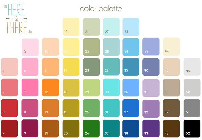 May include: A color palette chart with 52 different colors arranged in a grid. Each color is labeled with a number from 1 to 52.