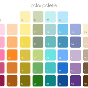 May include: A color palette chart with 52 different colors arranged in a grid. Each color is labeled with a number from 1 to 52.