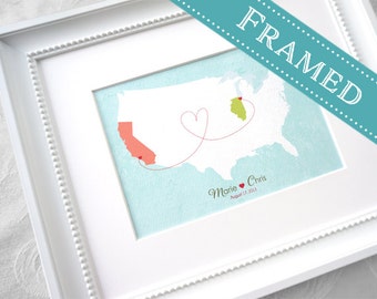 5x7 FRAMED Custom Designed Wedding Gift Map with Matte or without - 2 Frame Styles to choose from