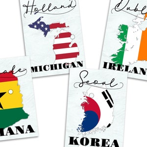 Country Flag Map Table Cards, Travel Wedding Decor, Custom Flag Table Cards image 1