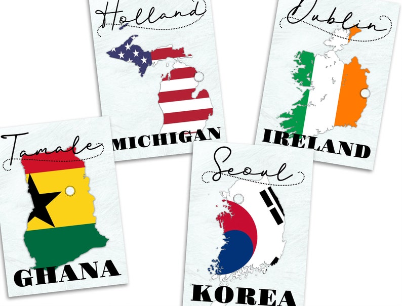 Country Flag Map Table Cards, Travel Wedding Decor, Custom Flag Table Cards image 1
