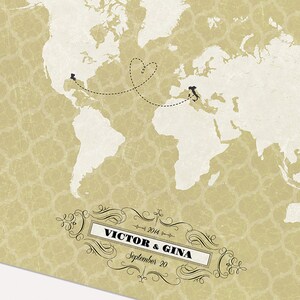 May include: A vintage-style world map with a dashed line connecting Italy and the United States. The line is shaped like a heart. The map is beige with a white outline of the continents. The text "VICTOR & GINA 2014 September 20" is at the bottom of the map.