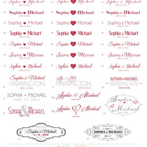 May include: A collection of 16 different wedding logo designs featuring the names Sophia and Michael with various fonts, styles, and dates. The logos are in black, gray, and red.