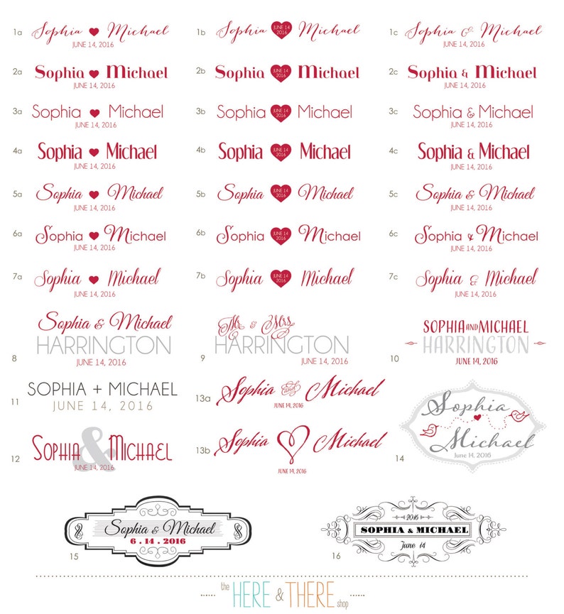May include: A collection of 16 different wedding logo designs featuring the names Sophia and Michael with various fonts, styles, and dates. The logos are in black, gray, and red.