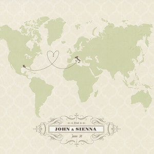 May include: A world map with a dotted line connecting the United States to Italy, with a heart shape drawn over the line. The text "JOHN & SIENNA" and "June 28" is below the map.