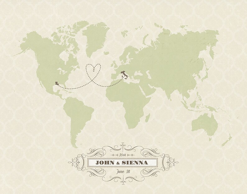 May include: A world map with a dotted line connecting the United States to Italy, with a heart shape drawn over the line. The text "JOHN & SIENNA" and "June 28" is below the map.