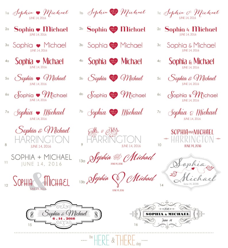 May include: A collection of 16 different wedding logo designs featuring the names Sophia and Michael with various fonts, styles, and dates. The logos are in black, gray, and red.