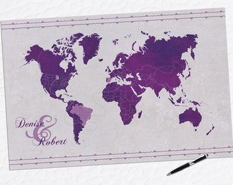 Purple Wedding Decor, Wedding Guestbook, Wedding Guestbook Alternative, Plum and Silver Wedding, Custom World Map