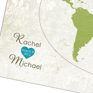 May include: A vintage-style world map with a red dotted line connecting two points. The line is labeled with the names "Rachel" and "Michael" and the date "March 8, 2013".