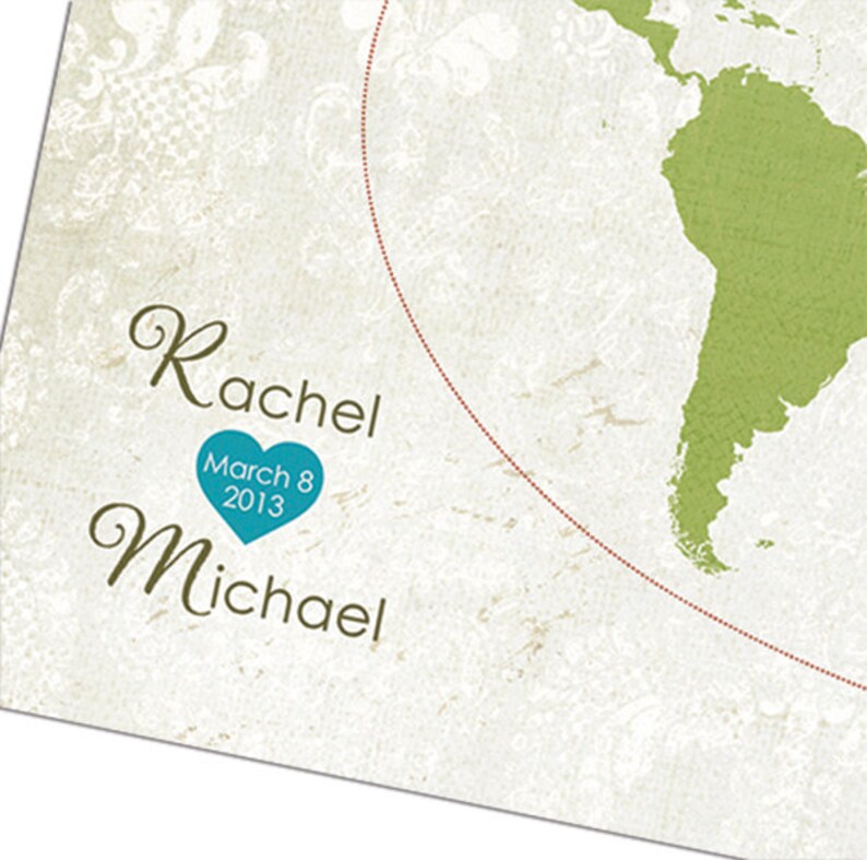 May include: A vintage-style world map with a red dotted line connecting two points. The line is labeled with the names "Rachel" and "Michael" and the date "March 8, 2013".