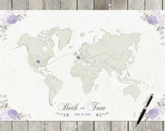 Lavender Wedding, Guestbook Map, Wedding Guestbook Alternative, Wedding World Map, Custom World Map, Vintage Wedding Decor