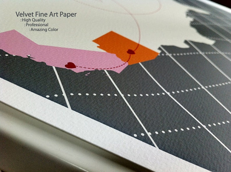 May include: A close-up of a gray and white map with two pink and orange shapes. The shapes are connected by a dotted line with a red heart at each end. The text "Velvet Fine Art Paper" is at the top of the image. The text "High Quality", "Professional", and "Amazing Color" are listed below the title.