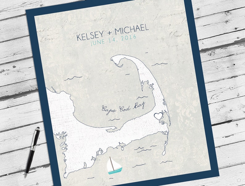 Cape Cod Wedding, Cape Cod Map, Guest Book Alternative, Cape Cod Wedding Gift, Massachusetts Wedding, New England Wedding image 1