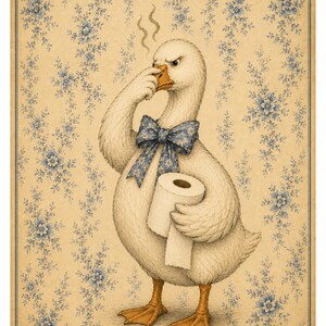 May include: A whimsical illustration of a white goose with an orange beak and feet, wearing a blue floral bow tie. The goose holds a roll of white toilet paper under one wing and pinches its beak with the other, set against a vintage floral wallpaper.