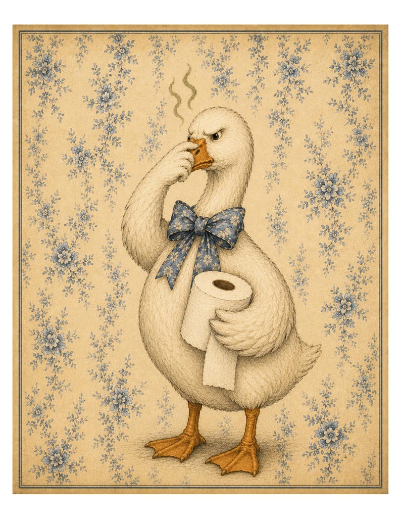 May include: A whimsical illustration of a white goose with an orange beak and feet, wearing a blue floral bow tie. The goose holds a roll of white toilet paper under one wing and pinches its beak with the other, set against a vintage floral wallpaper.