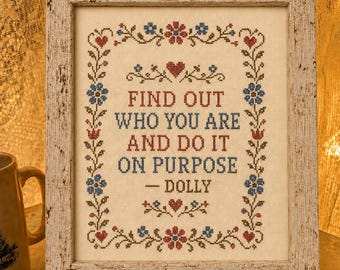 Find Out Who You Are Framed Print, Dolly Quote Wall Art, Vintage Cross Stitch Style Decor, 8x10 Print
