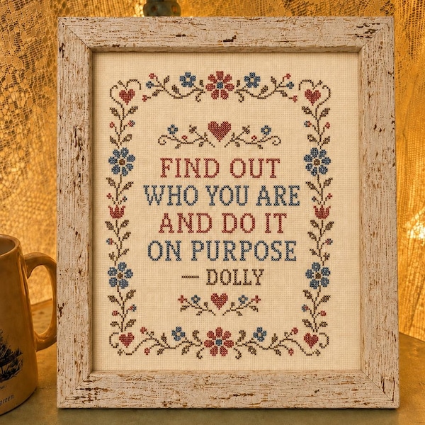 Find Out Who You Are Framed Print, Dolly Quote Wall Art, Vintage Cross Stitch Style Decor, 8x10 Print