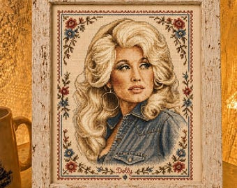 Dolly Parton Framed Print 8x10 | Vintage Inspired Cross Stitch Style Wall Art | Country Music Decor | Rustic Farmhouse Dolly Portrait