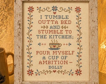Cup of Ambition Framed Print, Vintage Cross Stitch Style Kitchen Wall Art, 8x10 Coffee Decor