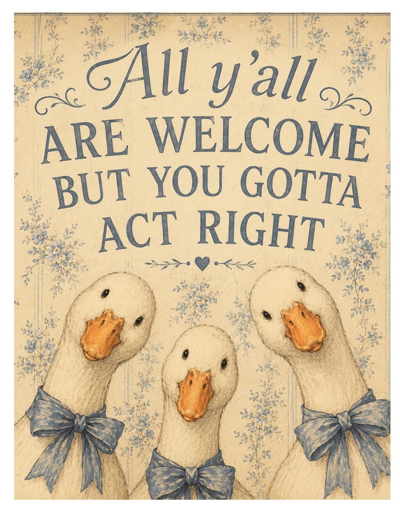 May include: A rectangular wall sign featuring a cream background with a blue floral pattern. The text reads: All y'all ARE WELCOME BUT YOU GOTTA ACT RIGHT. Three white geese with orange beaks and blue bows around their necks are positioned below.