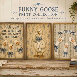 May include: Three framed wall art prints featuring geese with blue bows. The left print says All y'all ARE WELCOME BUT YOU GOTTA ACT RIGHT. The center print shows a goose holding toilet paper. The right print says YOU QUAPPIN? with three geese.