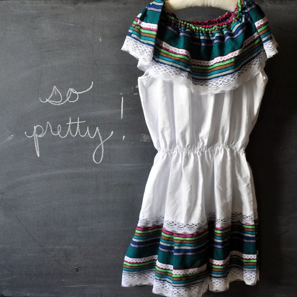 RESERVEDmexican style girls dress, white, with colorful stripes and lace, vintage