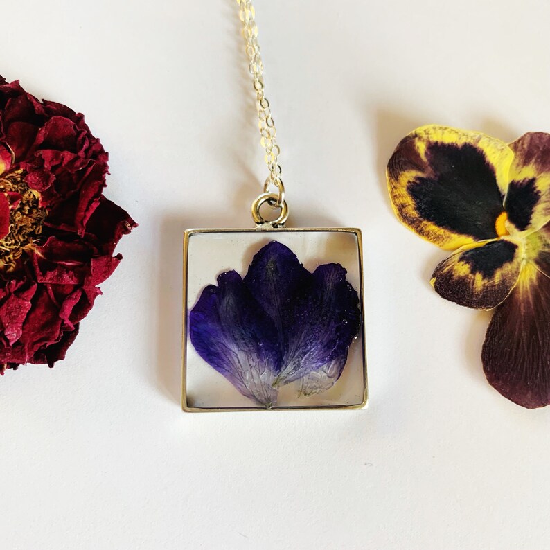 Pretty purple delphinium flower necklace square silver pendant