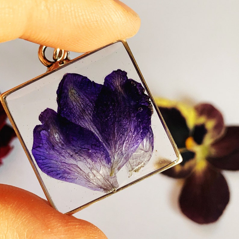Pretty purple delphinium flower necklace square silver pendant