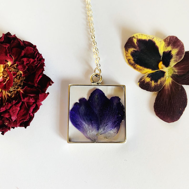 Pretty purple delphinium flower necklace square silver pendant
