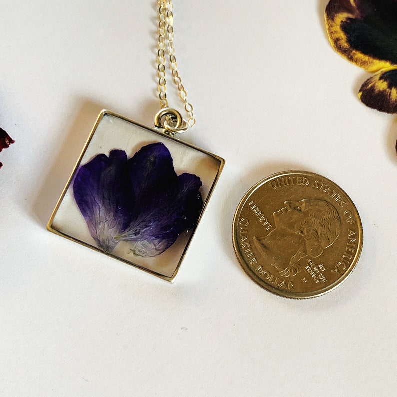 Pretty purple delphinium flower necklace square silver pendant