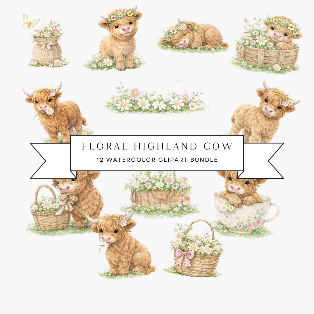 Floral Highland Cow PNG Bundle | Watercolor Cow Clipart | Cottagecore ...