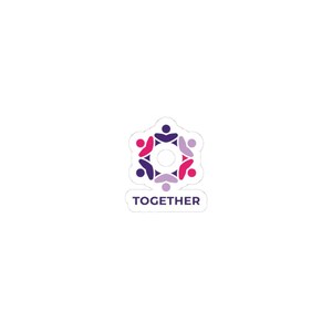 May include: A sticker with a white border featuring a graphic of six stylized figures in a circle, in shades of pink, purple, and blue. The word "TOGETHER" is printed in a dark blue font below the graphic.