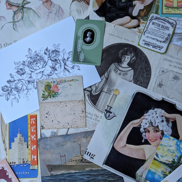 100 PC True vintage paper ephemera curated mystery bundle lot. Junk journal, collage, scrapbook, ephemera postcards, botanical, romantic.