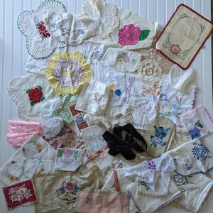 35 pc Vintage linen lace and trim mystery lot. Embroidered items , doilies 35 pieces minimum. Free shipping. Junk journaling, up cycle, craf