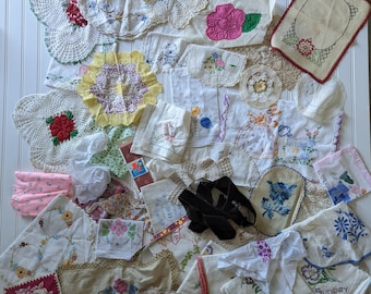 30 pc Vintage Linen Lace Trim Mystery Lot - cutter, slow stitch, fabric, doilies, hankies, embroidered, junk journal, collage