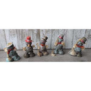5 Vintage Paper Mache Snowman, Mica Blue Pipe Cleaner Arms Japan Ornament 3 1/4&quot;