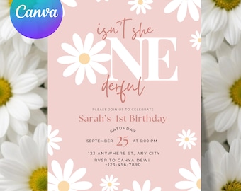 Onederful Gänseblümchen 1. Geburtstagseinladung Canva Vorlage | Rosa Boho Girl einladen