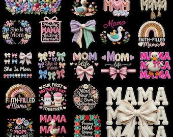 Muttertag PNG Bundle Kunstgarn, Kokette Bögen, Häkeln, Floral Mom Life Designs