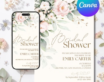 Blush Pink Blumen Brautdusche Einladung, bearbeitbare Canva Vorlage, druckbare Einladung, Handy-Video-Einladung