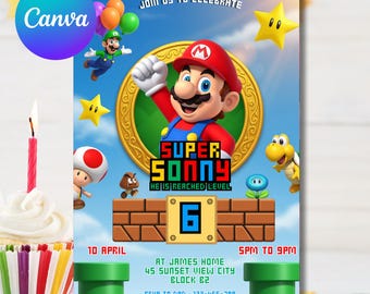 Super Mario Geburtstagseinladung, bearbeitbare Canva-Vorlage, doppelseitige Kinderpartykarte