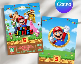 Bearbeitbare Super Mario-Geburtstagseinladung, Kinderparty einladen, Canva-Vorlage, 15 x 20 druckbare Geburtstagskarte
