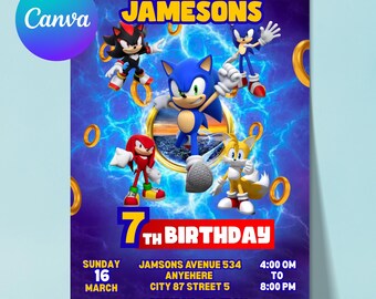 Sonic Geburtstagseinladung, bearbeitbare Kinderparty einladen, Igel-Themavorlage, druckbare Geburtstagskarte von Canva