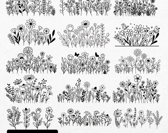 Wildblumen SVG Bundle, Blumenwiese, Rand, minimalistischer Blumenstrauß, Clipart, Silhouette digitaler Download