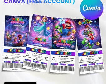 Mario Galaxy Ticket Einladung, Weltraum Geburtstagsfeier einladen, bearbeitbare Canva Vorlage