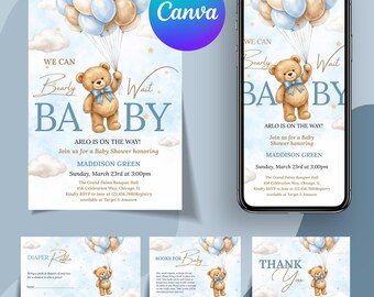 Bearly Warten Junge Dusche Vorlage, bearbeitbare Blau Aquarell Invite Set, Sofort Download