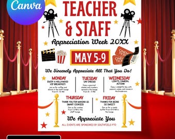 VIP Hollywood Lehrer Wertschätzung Flyer Canva Vorlage | Staff Week Reiseplan Bearbeitbar