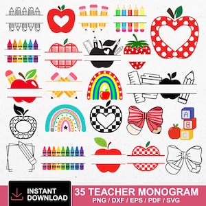 Puede incluir: Una colección de 35 diseños de monogramas para profesores, que incluyen manzanas, lápices, arcoíris y lazos. Los diseños son en rojo, negro, blanco y colores del arcoíris. También está presente el texto "DESCARGA INSTANTÁNEA" y "35 MONOGRAMAS DE PROFESOR".