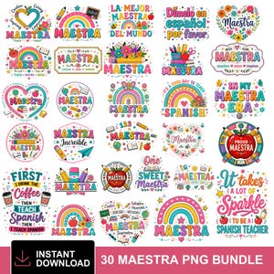 Puede incluir: Un conjunto de 30 diseños PNG coloridos con la palabra "Maestra" en varios estilos. Los diseños incluyen arcoíris, manzanas, lápices y elementos florales, para profesores de español.