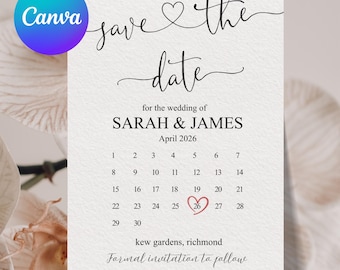 Moderne Save the Date-Vorlage, bearbeitbare Hochzeitsmitteilung, minimalistischer Kalender einladen, Canva Printable