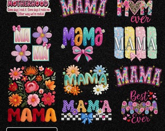 Muttertag PNG Bundle, Faux Stickerei Mom Designs, Kokette Schleife, Floral